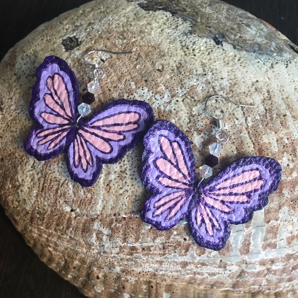 Hand Painted Leather Butterfly Earrings - Nature Inspired Flower Power Jewelry